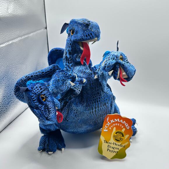Folkmanis 3 Headed Dragon Hand Puppet 5 Finger Blue 15” Interactive Toy - Picture 1 of 11